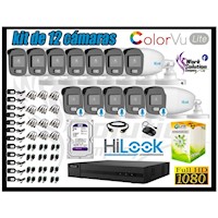 CÁMARAS SEGURIDAD EXTERIOR KIT 12 HILOOK 1080P NOCTURNA COLORVU LITE